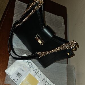 Michael Kors Black Small Chain Shoulder Tote with Gold Hardware